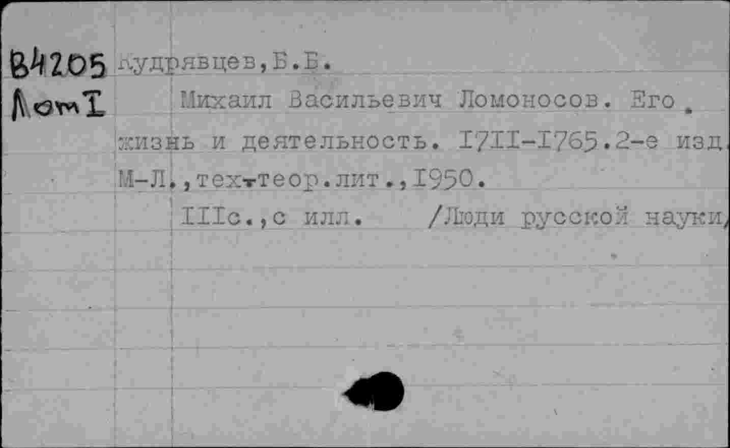 ﻿г	
№20«э лудрявцев,Б. Г.	
Л О'ол 1	Михаил Васильевич Ломоносов. Его.
хизнь и деятельность. 1711-1765.2-е изд	
м-л	, тех-гтеор. лит ., 1950.
	Шс.,с илл.	/Люди русской науки.
	
	
■	
	